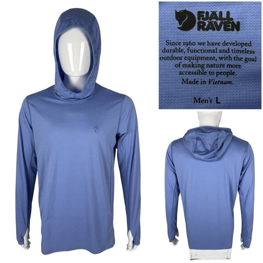 Fjallraven Mens Large Hoodie Abisko Sun Hoodie Lightweight Blue Long Sleeve EUC